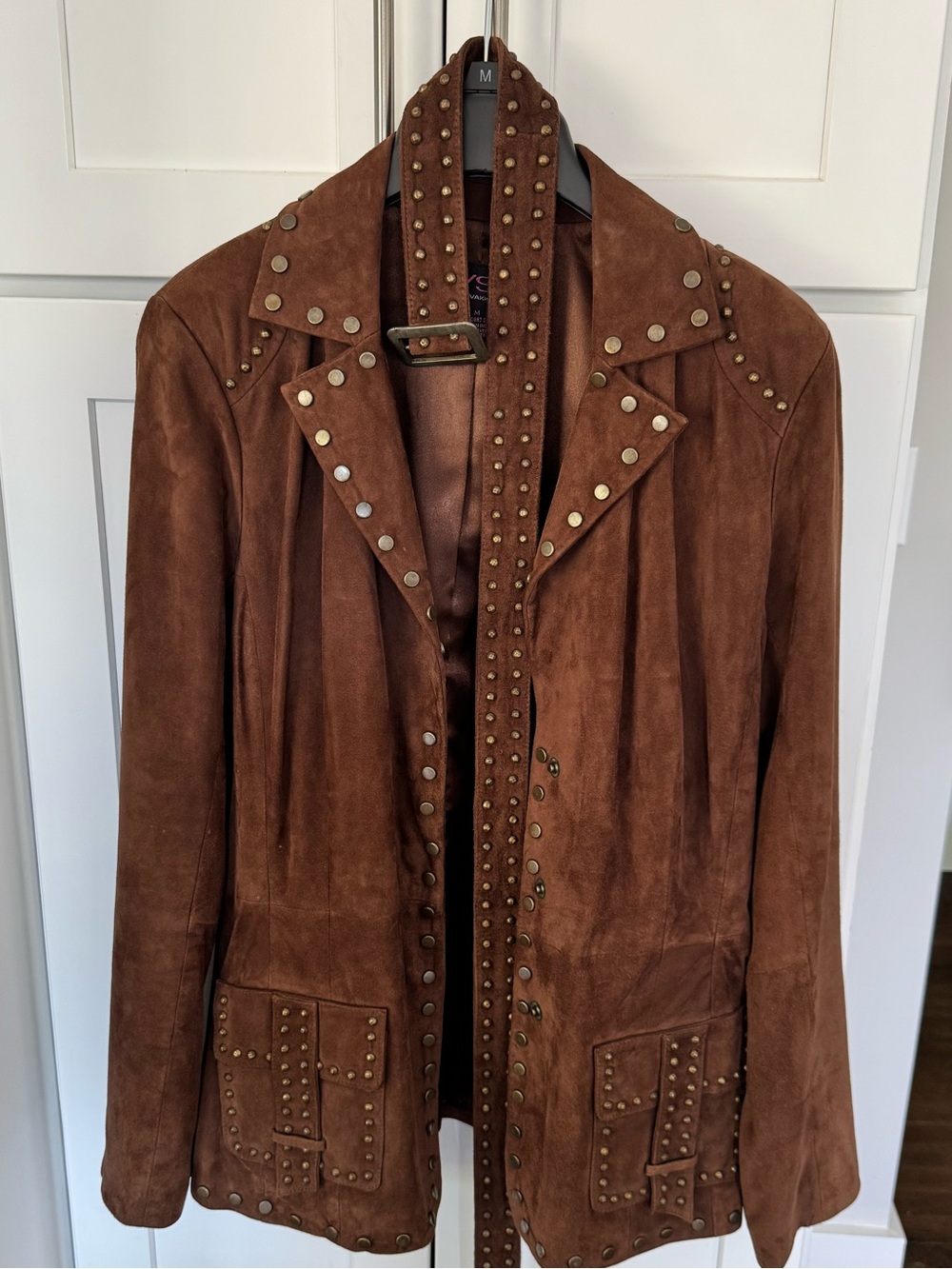 Vakko Brown Suede Studded Suede Jacket with matching suede wrap skirt